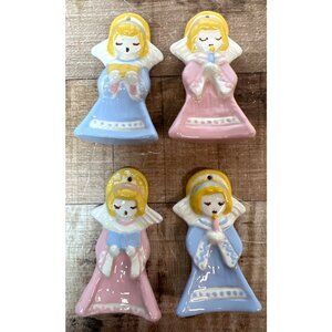 Set Of 4 Ceramic Angel Ornaments With Pastel Pink & Blue Dresses And Yellow Halo
